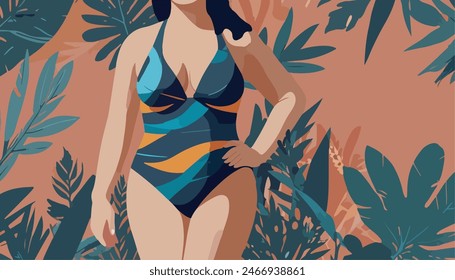 Summer time. Happy girl. Body positive movement and beauty diversity. Flat illustration. 