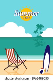 Summer time and happy holiday concept design template background decorative with beautiful beach. Can be used for print, publication, brochure, backdrop, leaflet, flyer, banner, vector illustration