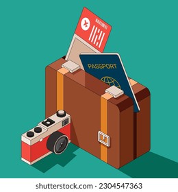 Summer time and happy holiday concept decorative with travel equipment isometric flat design style, vector illustration