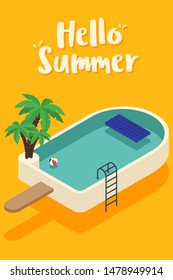 Summer time and happy holiday poster template background, decorative with an isometric swimming pool, vector illustration