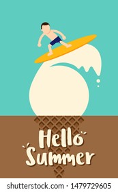Summer time and happy holiday poster template background. A teenager surfing on an ice cream, vector illustration