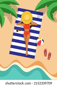 Summer time and happy holiday poster template background, decorative with top view of a woman lay down on the beach, vector illustration