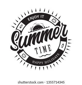 Summer time happy holidays enjoy it emblems or logo badge hand drawn calligraphy. Black vector lettering design for vacation tour on a white background. Typographic symbol with sea and sunset