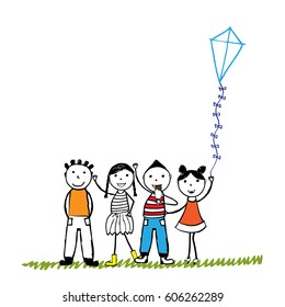 Summer time, happy kids play outside. Hand drawn illustration.