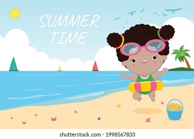 Summer Time, Happy kids in swimming clothes with inflatable toys on beach, children with inflatable buoy jumping into swimming, child with float donut flat vector illustration isolated on background