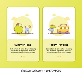 summer time happy traveling campaign for onboarding mobile apps application banner template with filled color style