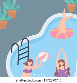 summer time happy women in pool with ball and ring floats vacation tourism vector illustration