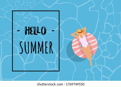 summer time has arrived, hello summer vector with illustrations of women relaxing on a donut float
