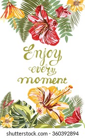 Summer time. Hibiscus and Hippeastrum (Liliales family). Garland of of tropical flowers on isolated background  for your design. Ideally for design banners, posters, of advertising and etc.