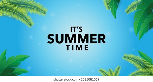 Summer time holiday background with palm leaves blue sky can be used for greetings, cards, invitation, wallpaper, web, blog, graphic, book, cover, pattern, template and printing.