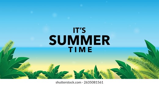 Summer time holiday background with palm leaves blue sky can be used for greetings, cards, invitation, wallpaper, web, blog, graphic, book, cover, pattern, template and printing.