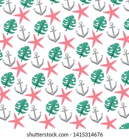 summer time holiday background starfish anchor and leaf vector illustration