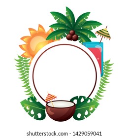 summer time holiday badge coconut sun juice palm tree foliage vector illustration