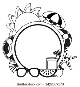summer time holiday badge sun umbrella ball sunglasses juice lifebuoy starfish vector illustration