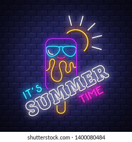 It's summer time. Summer holiday banner. Neon banner. Neon sign. Vector.