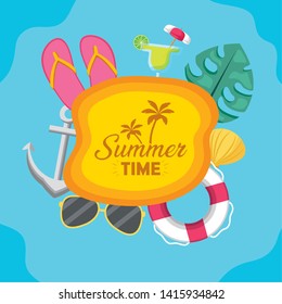 summer time holiday banner sandals cocktail sunglasses anchor leaf lifebuoy vector illustration