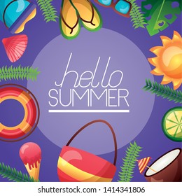 summer time holiday banner sun bag lifebuoy ice cream sandals vector illustration