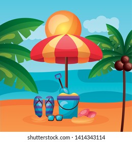 summer time holiday beacg umbrella bucket sand shovel sandals sunglasses vector illustration
