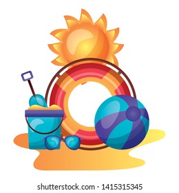 summer time holiday beach ball lifebuoy bucket sand vector illustration