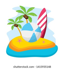 summer time holiday beach ball surfboard starfish palm vector illustration
