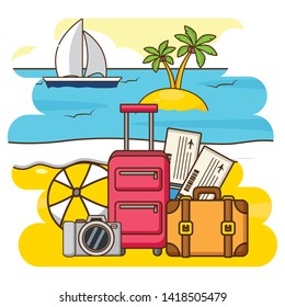 summer time holiday beach boat suitcases tickets camera ball vector illustration