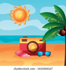 summer time holiday beach camera sunglasses shell sun day vector illustration