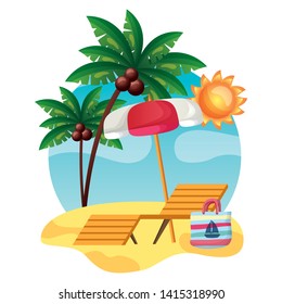 summer time holiday beach deck chair umbrella bag vector illustration