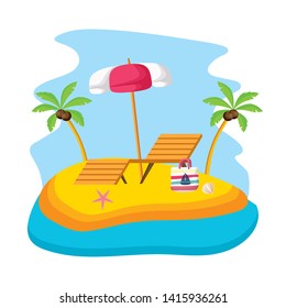 summer time holiday beach deck chaor handbag umbrella plam trees