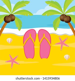 summer time holiday beach flip flops starfishes palms vector illustration
