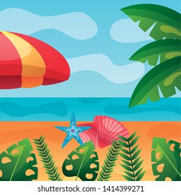 summer time holiday beach fooliage leaves starfish shell umbrella vector illustration