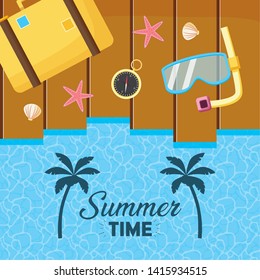 summer time holiday beach poster top view snorkel suitcase compass