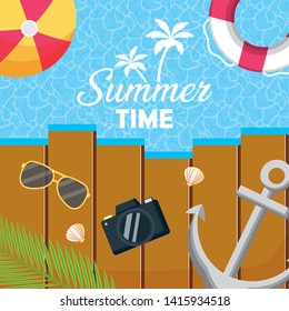 summer time holiday beach poster top view snorkel suitcase compass