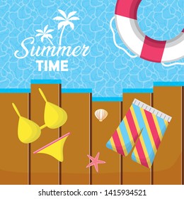 summer time holiday beach poster top view bikini and shorts