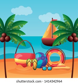 summer time holiday beach sailing boat lifebuoy ball flip flops sunglasses palm trees vector illustration