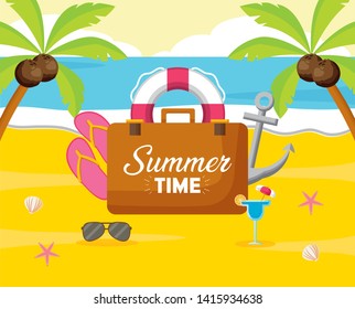 summer time holiday beach suitcase anchor sandals cocktail vector illustration