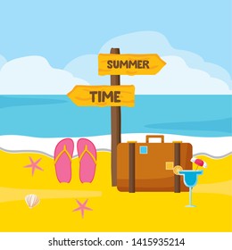 summer time holiday beach suitcase flip flops cocktail palm vector illustration