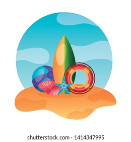 summer time holiday beach surfboard lifebuoy ball vector illustration
