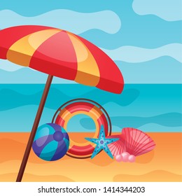 summer time holiday beach umbrella ball starfish shell vector illustration