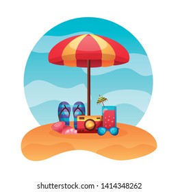 summer time holiday beach umbrella sandals camera sunglasses cocktail shell vector illustration