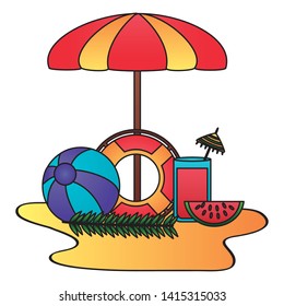 summer time holiday beach umbrella lifebuoy ball cocktail watermelon vector illustration