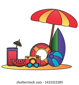 summer time holiday beach umbrella lifebuoy ball surfboard vector illustration