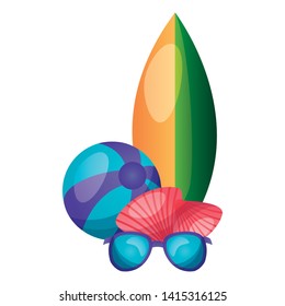 summer time holiday beachball surfboard sunglasses shells vector illustration