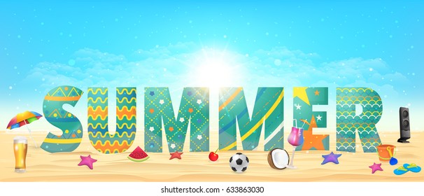 Summer Time and Holiday Beautiful Beach Themed Vector Illustration