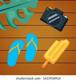 summer time holiday camera flip flops ice cream on wooden background vector illustration
