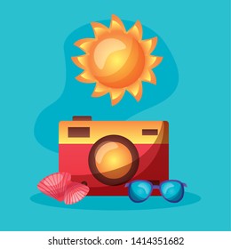 summer time holiday camera sun sunglasses and shell vector illustration