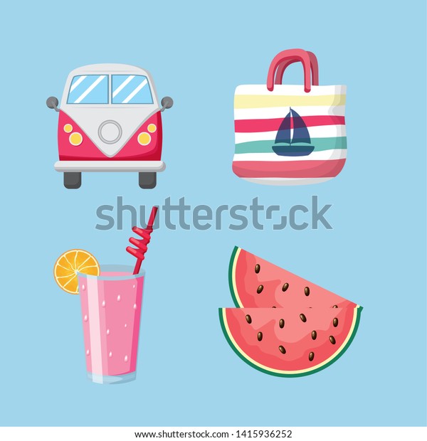 summer time holiday car handbag cocktail\
watermelon vector\
illustration