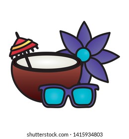 summer time holiday coconut cocktail sunglasses flower  vector illustration