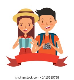 summer time holiday couple with map and camera vector illustration