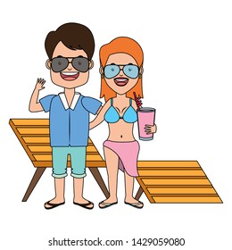 summer time holiday couple vacations with cocktail deck chair vector illustration