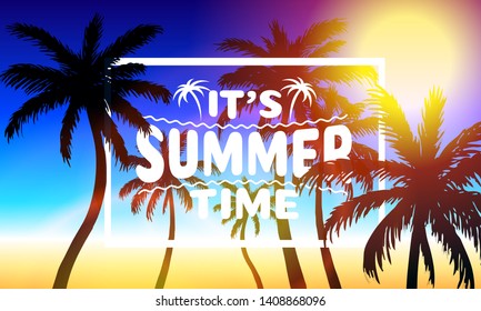 Summer time, holiday cover banner design, elements in sky background. Vector illustration